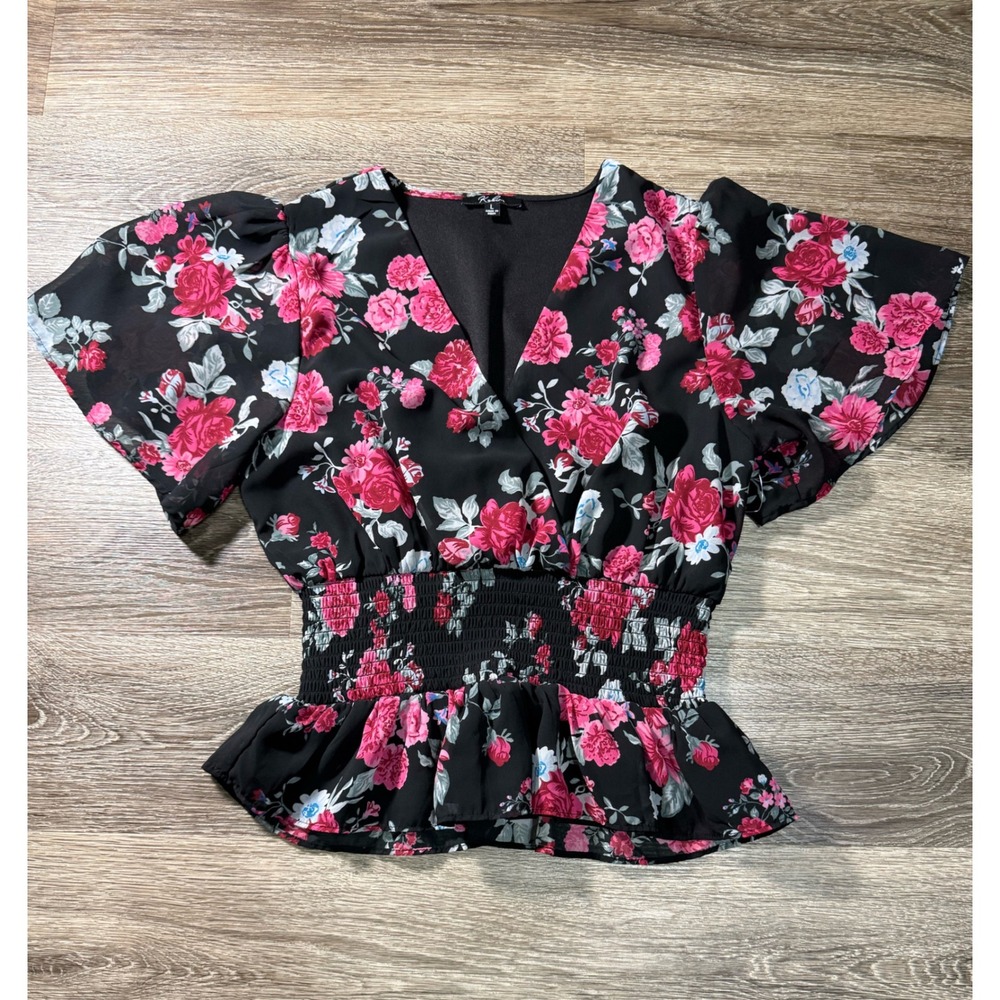 Smocked Peplum Top Women‎ Large Black Pink Floral V-Neck Flutter Sleeve Kabina